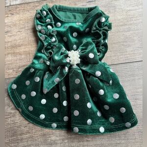 Green Velvet Dog Polka Dot Dress with Bow